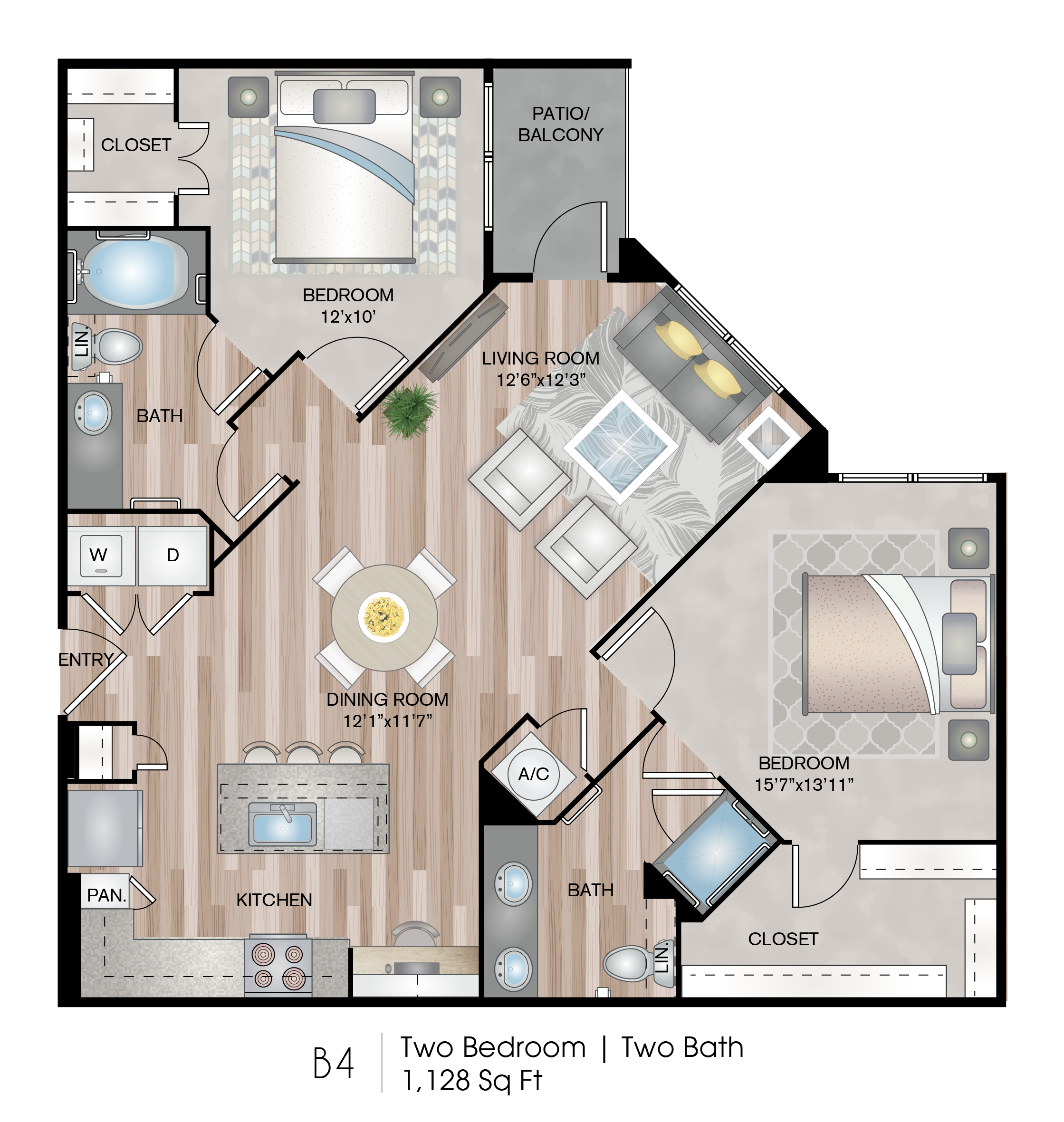 Floor plan for 2 beds, 2 baths, 1128 sqft