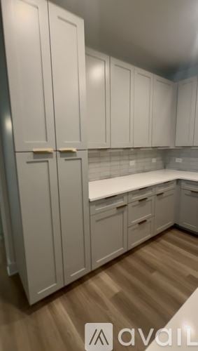 Tampa apartment for rent - A kitchen with white cabinets and a wooden floor.