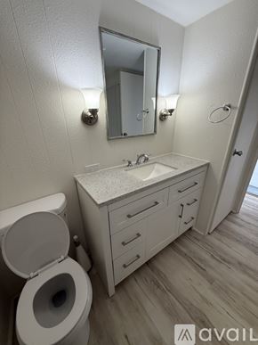 Venice house for rent - A white bathroom with a shower curtain and a wooden floor.