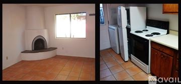 Santa Fe apartment for rent - A kitchen with tile flooring and a white stove top oven.