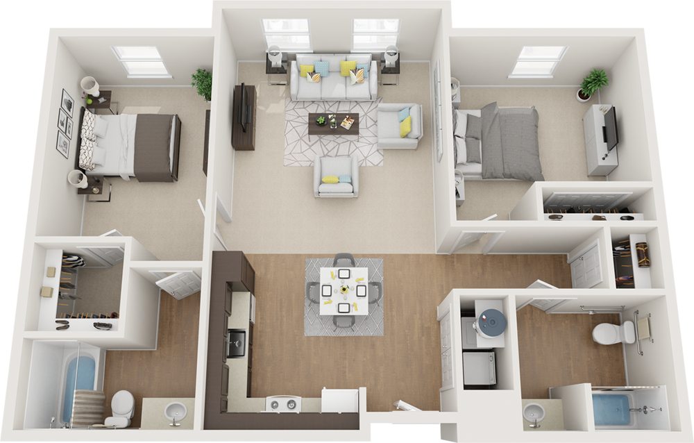 Floor plan for 2 beds, 2 baths, 1000 sqft
