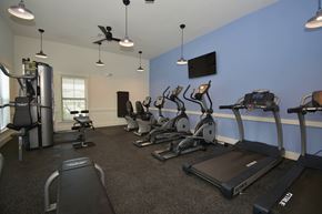 Haslet apartment for rent - A gym with treadmills, exercise bikes, and a television.