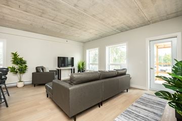 Winnipeg apartment for rent - A living room with a grey couch and a television.