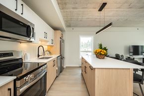 Winnipeg apartment for rent - A modern kitchen with wooden cabinets and black appliances.