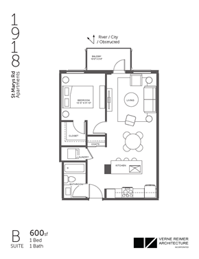 Winnipeg apartment for rent - A floor plan for a 600 square foot suite with one bed and one bath.