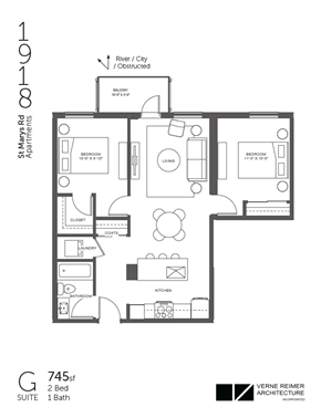 Winnipeg apartment for rent - A floor plan of a 745 square foot apartment with two bedrooms and one bath.