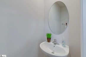 Greenville house for rent - A white sink with a round mirror above it and a plant to the left of the mirror.
