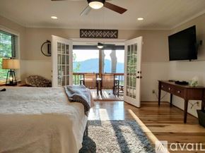 Scaly Mountain house for rent - A bedroom with a large bed and a television on the wall.