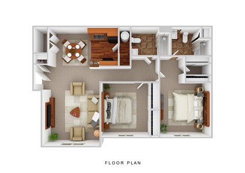 Floor plan for 2 beds, 2 baths, 933 sqft