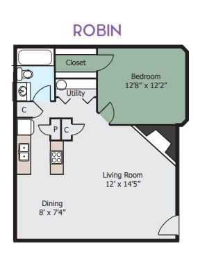 Floor plan for 1 bed, 1 bath, 650 sqft