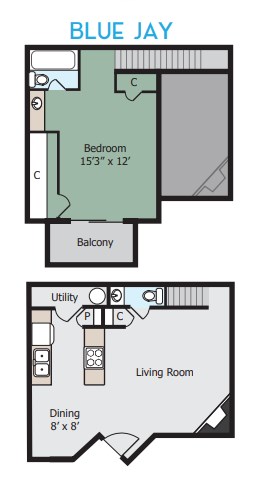 Floor plan for 1 bed, 1.5 baths, 850 sqft