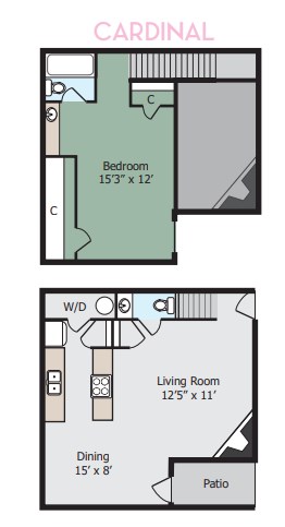 Floor plan for 1 bed, 1.5 baths, 1000 sqft