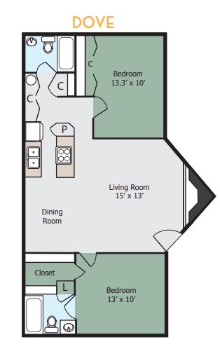 Floor plan for 2 beds, 2 baths, 900 sqft