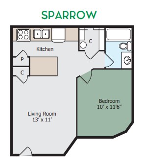 Floor plan for 1 bed, 1 bath, 500 sqft