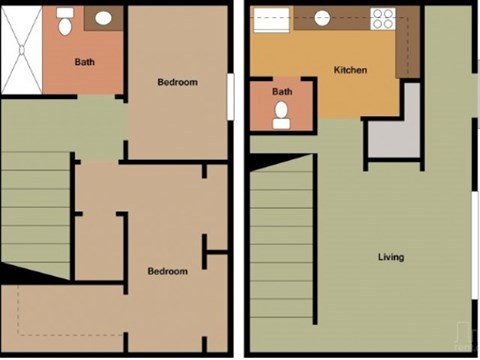 Floor plan for 2 beds, 1.5 baths, 938 sqft