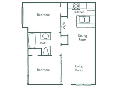 Floor plan for 2 beds, 1 bath, 710 sqft