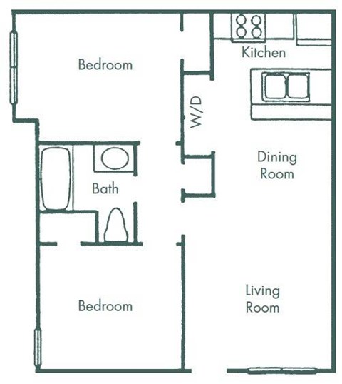 Floor plan for 2 beds, 1 bath, 710 sqft