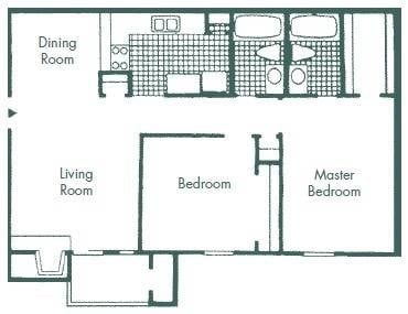Floor plan for 2 beds, 2 baths, 970 sqft