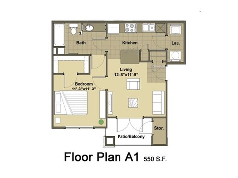 Floor plan for 1 bed, 1 bath, 550 sqft
