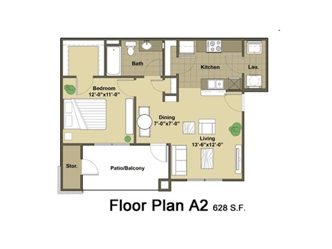 Floor plan for 1 bed, 1 bath, 628 sqft