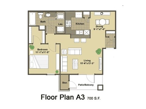Floor plan for 1 bed, 1 bath, 700 sqft