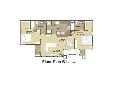 Floor plan for 2 beds, 2 baths, 917 sqft