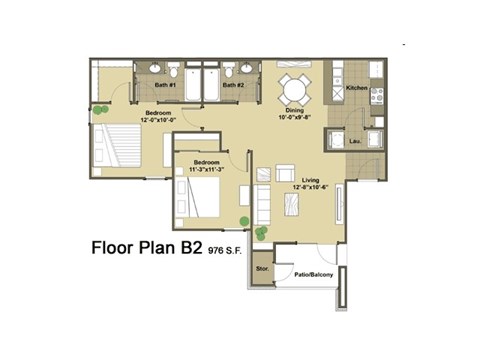 Floor plan for 2 beds, 2 baths, 976 sqft