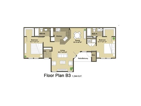 Floor plan for 2 beds, 2 baths, 1044 sqft