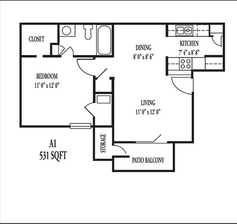 Floor plan for 1 bed, 1 bath, 531 sqft