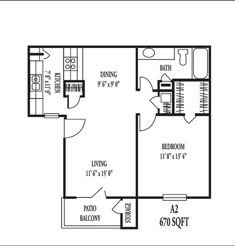Floor plan for 1 bed, 1 bath, 670 sqft