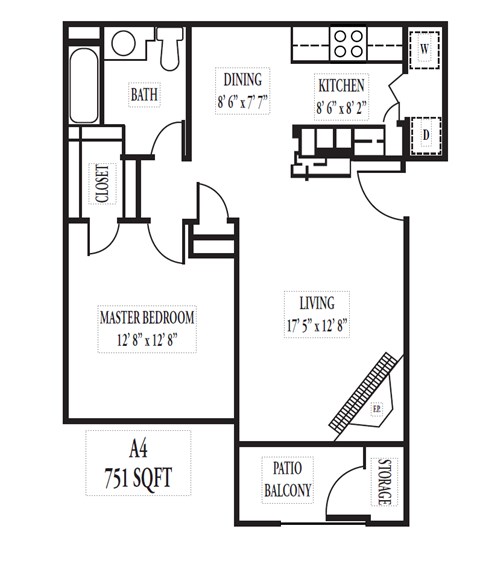 Floor plan for 1 bed, 1 bath, 751 sqft