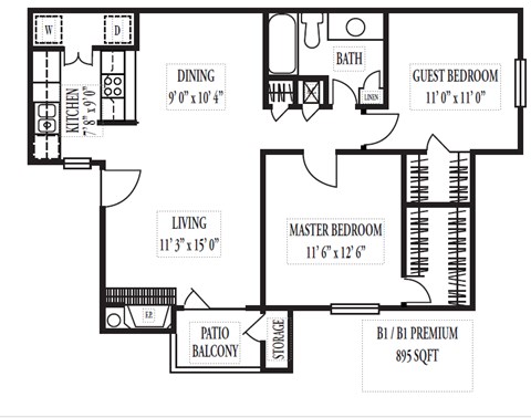 Floor plan for 2 beds, 1 bath, 895 sqft