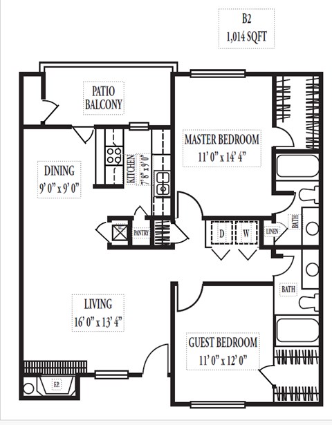 Floor plan for 2 beds, 2 baths, 1014 sqft