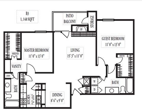 Floor plan for 2 beds, 2 baths, 1148 sqft