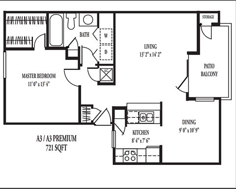 Floor plan for 1 bed, 1 bath, 721 sqft