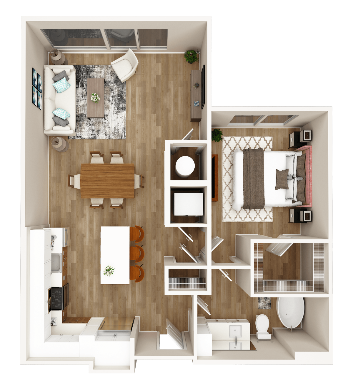 Floor plan for 1 bed, 1 bath, 977 sqft