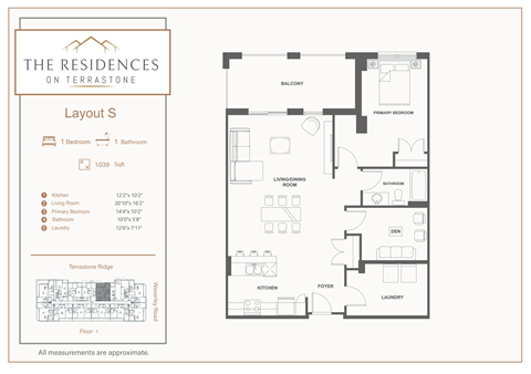 Floor plan for 1 bed, 1 bath, 1039 sqft
