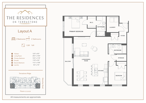 Floor plan for 2 beds, 2 baths, 1301 sqft