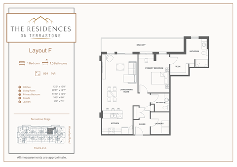 Floor plan for 1 bed, 1.5 baths, 954 sqft