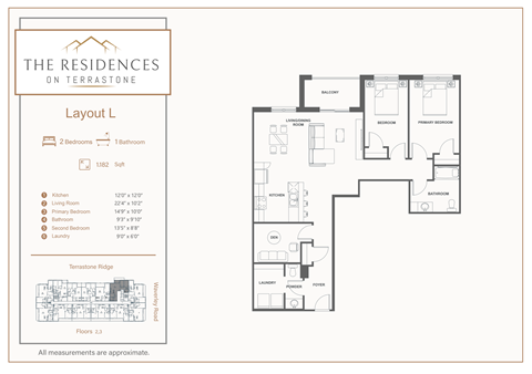 Floor plan for 2 beds, 1 bath, 1182 sqft