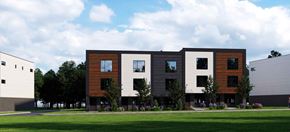 Dartmouth apartment for rent - A modern building with a combination of wood and grey exterior.