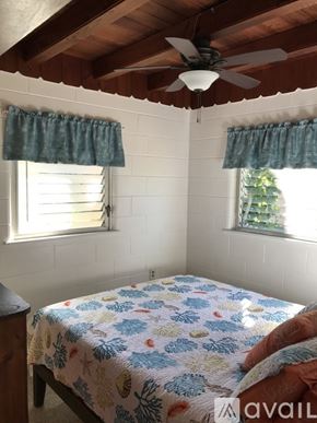 Englewood apartment for rent - A bedroom with a bed, a ceiling fan, and two windows with curtains.