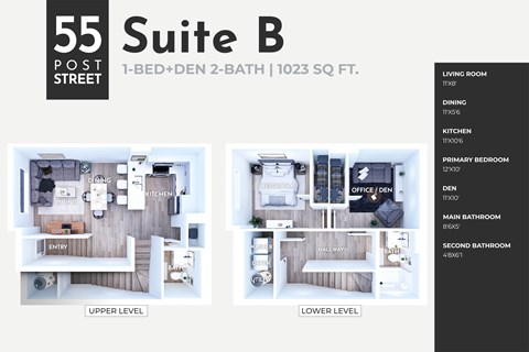 Floor plan for 2 beds, 2 baths, 1023 sqft