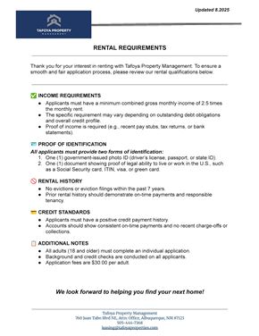Albuquerque apartment for rent - A document from Tafofo Property Management outlining their rental requirements.