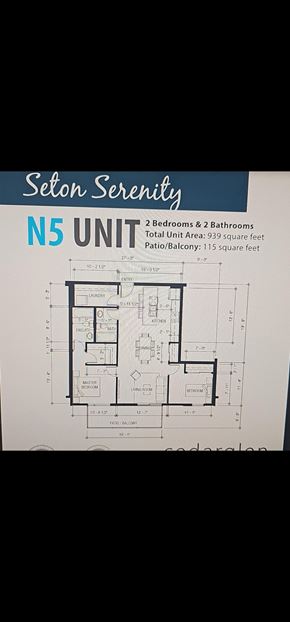 Calgary house for rent - A floor plan for a Seton Serenity N5 unit, which includes 2 bedrooms and 2 bathrooms, is displayed.
