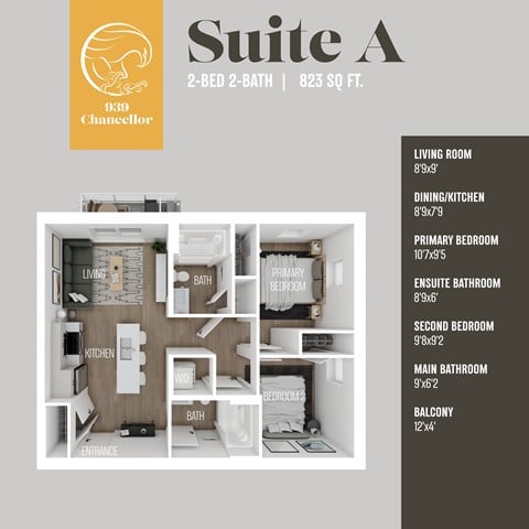 Floor plan for 2 beds, 2 baths, 823 sqft