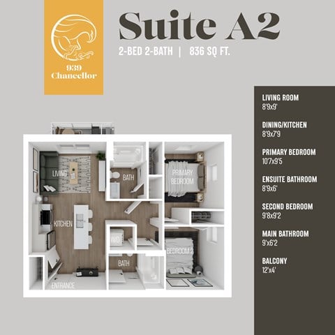 Floor plan for 2 beds, 2 baths, 836 sqft