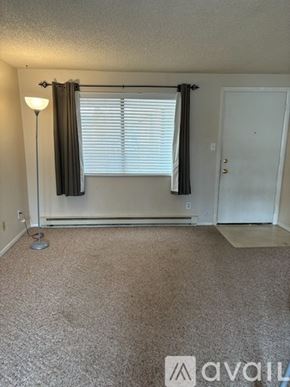 Loveland apartment for rent - A room with a carpeted floor, a window with blinds, a door, and a lamp.