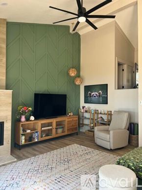 Incline Village condo for rent - A living room with a green wall and a fireplace.