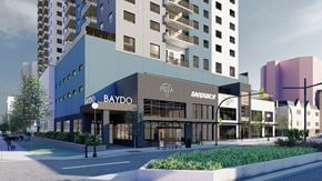 Saskatoon apartment for rent - A rendering of a modern building with the name "BAYDO" on the front.